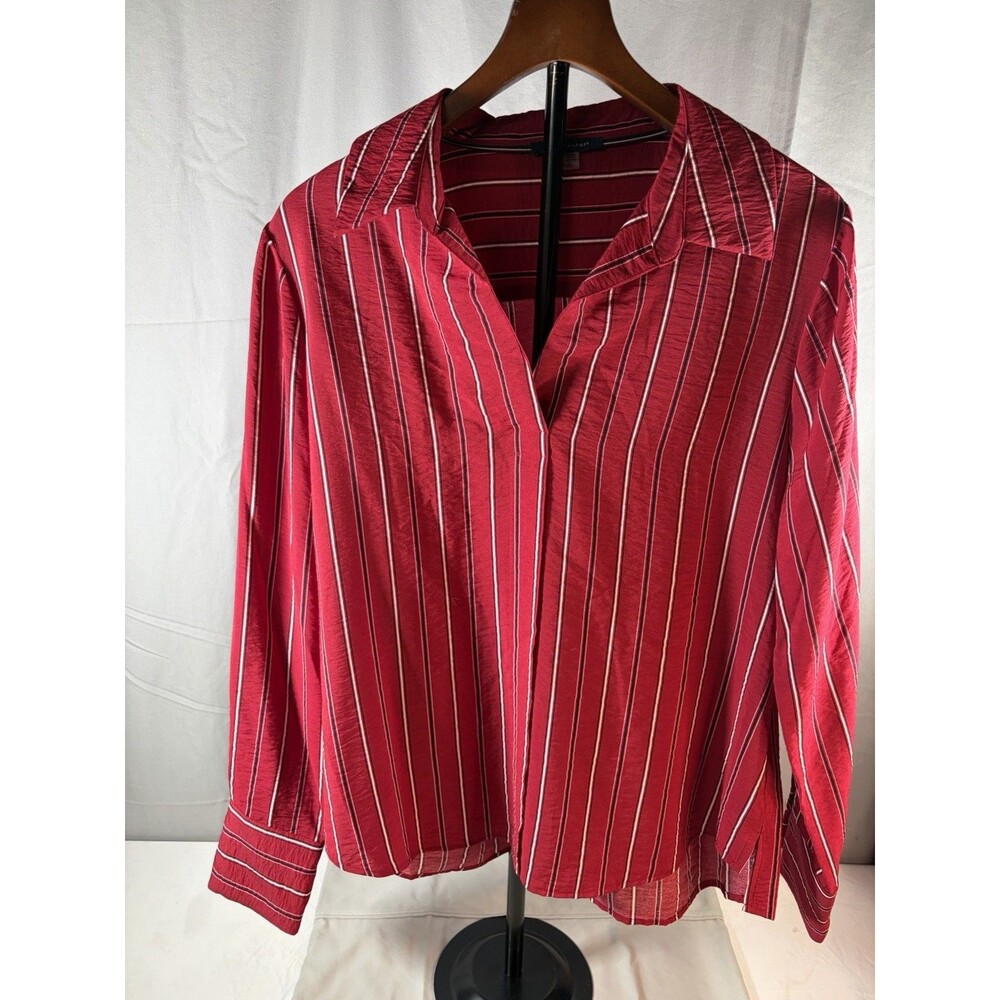 Tommy Hilfiger Red and White Striped Long Sleeve V Neck Blouse Women’s Large